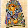 Hand-painted King Tut burial mask on authentic Egyptian papyrus with natural deckled edges.
