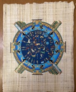 Handmade Egyptian papyrus painting showcasing the 12 zodiac signs with astrology symbols and ancient Egyptian motifs, perfect for spiritual and mystical home décor