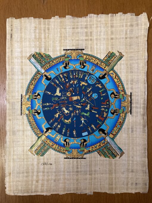 Handmade Egyptian papyrus painting showcasing the 12 zodiac signs with astrology symbols and ancient Egyptian motifs, perfect for spiritual and mystical home décor