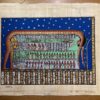 Handmade Egyptian papyrus painting depicting Geb, the Earth God, and Nut, the Sky Goddess, in the creation myth of ancient Egyptian mythology.