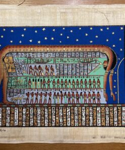 Handmade Egyptian papyrus painting depicting Geb, the Earth God, and Nut, the Sky Goddess, in the creation myth of ancient Egyptian mythology.
