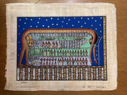 Handmade Egyptian papyrus painting depicting Geb, the Earth God, and Nut, the Sky Goddess, in the creation myth of ancient Egyptian mythology.
