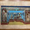 Hand-painted Egyptian papyrus artwork showing the Temple of Queen Nefertari at Abu Simbel with detailed statues and hieroglyphs.