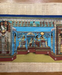 Hand-painted Egyptian papyrus artwork showing the Temple of Queen Nefertari at Abu Simbel with detailed statues and hieroglyphs.
