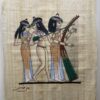 Hand-painted Egyptian papyrus artwork showing ancient dancers and musicians in traditional attire, celebrating music and culture in ancient Egypt.