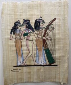 Hand-painted Egyptian papyrus artwork showing ancient dancers and musicians in traditional attire, celebrating music and culture in ancient Egypt.