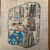 Hand-painted Egyptian papyrus artwork of Queen Nefertari in royal attire with detailed hieroglyphs and symbolic crown.