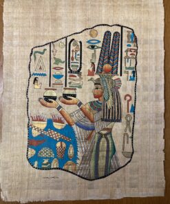 Hand-painted Egyptian papyrus artwork of Queen Nefertari in royal attire with detailed hieroglyphs and symbolic crown.