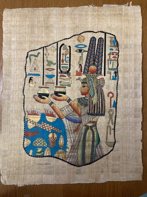 Hand-painted Egyptian papyrus artwork of Queen Nefertari in royal attire with detailed hieroglyphs and symbolic crown.