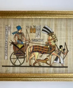Hand-painted Egyptian papyrus painting of Ramses II riding a war chariot, framed artwork from Egyptian Art Caravan