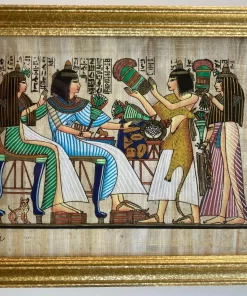 Hand-painted papyrus painting of an ancient Egyptian wedding party with musicians and dancers, framed and created by Egyptian Art Caravan