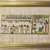 Hand-painted Egyptian papyrus of the Weighing of the Heart ceremony from the Book of the Dead, framed for wall display.