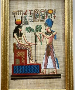 Framed Egyptian papyrus painting featuring Goddess Hathor and Pharaoh Ramses II in vibrant hand-painted detail.